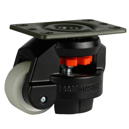 Leveling Caster, 50 Mm PU Wheel, 2-1/2 X 3-1/4 Plate, Swivel, 280 Kg Cap, NBR Foot Pad, Black